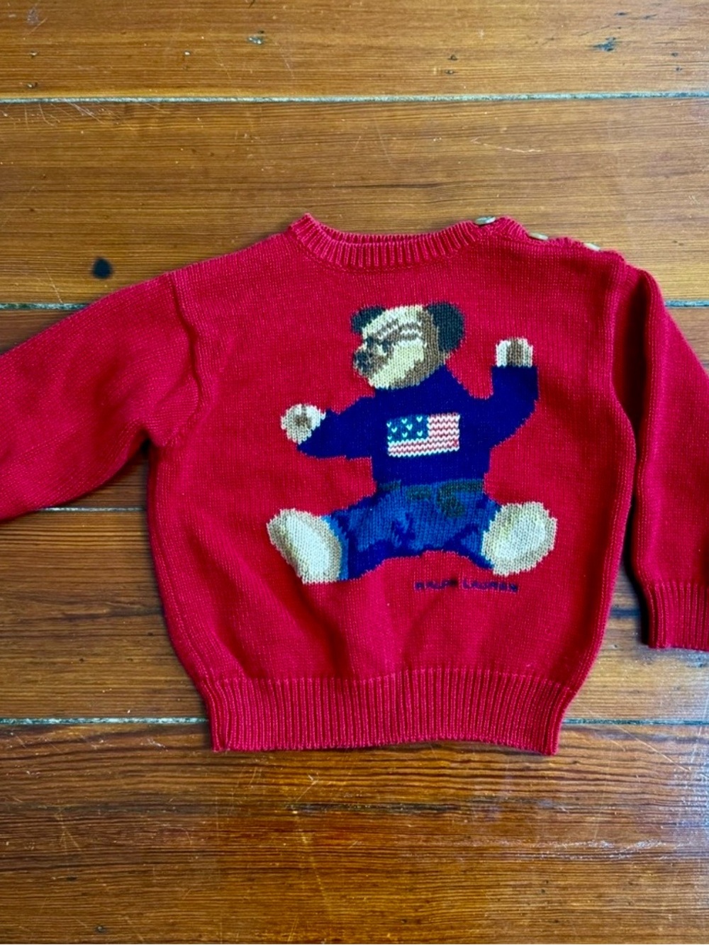 Vintage 1992 Ralph Lauren Sitting Polo Bear Flag Sweater L/XL 12–24M 💛🍄